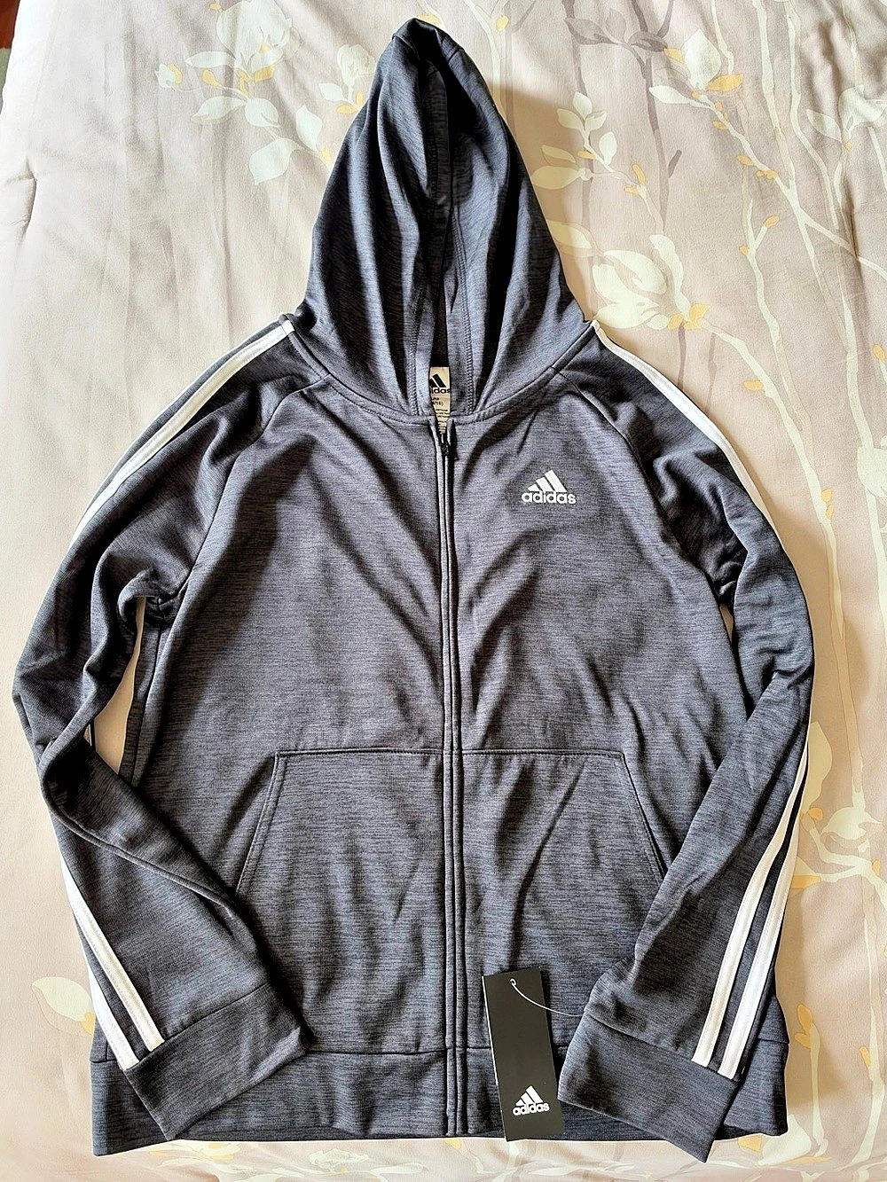Adidas Youth L 14/16 Gray 3-Stripe Full Zip Fleece Hoodie NWT
